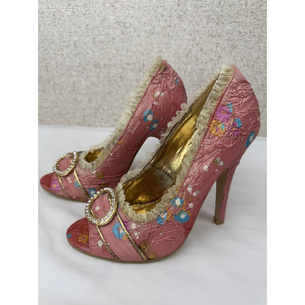 Ellie Pink Floral Heels Lace Trim Rhinestone Buckle Peep Toe Heels Size 6